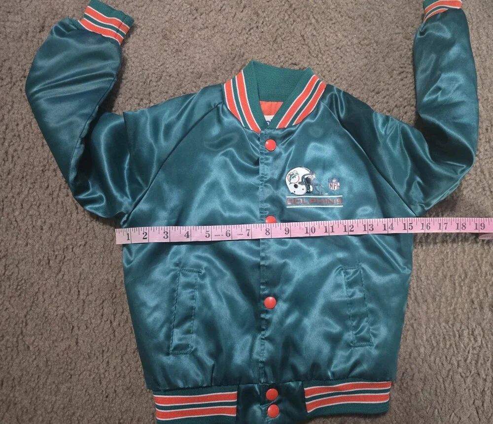 VTG 90s NFL MIAMI DOLPHINS CHALK LINE SATIN JACKET BOMBER SPELLOUT KIDS SZ 6/7